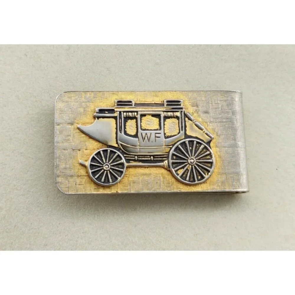 Vintage Wells Fargo US Mail Stage Coach Money Clip Gold/Silver Toned 2